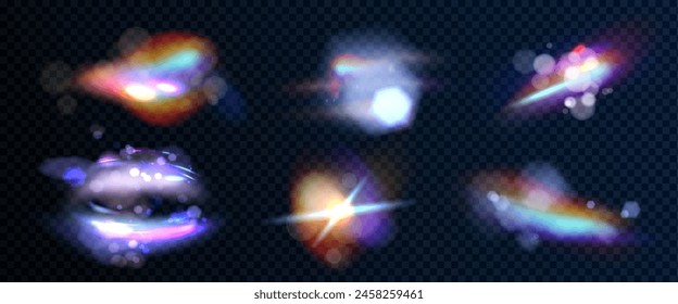 Luz de destello de diamante iridiscente con efecto de superposición en bg transparente. Conjunto de Ilustración vectorial realista de cristal de arco iris o de cristal de espectro de textura de refracción de deslumbramiento con chispas y rayas.