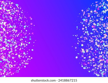 Iridescent Effect. Digital Dust. Purple Laser Serpentine. Light Texture. Disco Colourful Cristals. Falling Design. Party Paper. Transparent Background. Pink Iridescent Effect