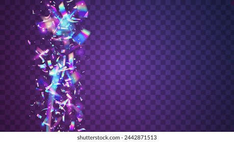 Iridescent Effect. Festive Background. Pink Disco Glitter. Hologram Serpentine. Happy Abstract Backdrop. Falling Poster. Modern Banner. Glare Texture. Purple Iridescent Effect