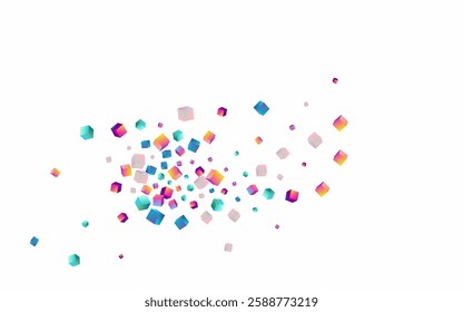 Iridescent Element Vector White Background. Bright Geometric Brick Cover. Perspective Confetti Template. Multicolored Cube Graphic Wallpaper.