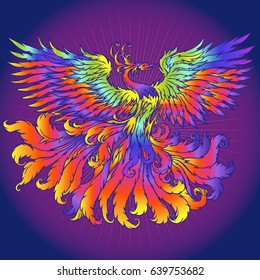 Iridescent firebird phoenix on a purple background;  RGB EPS 10 vector illustration