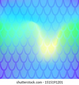 Iridescent fish scale seamless pattern. Navy blue yellow mermaid background. Fish skin pattern over colorful mesh. Fantastic fish scale tileable print. Vibrant mermaid or summer abstraction