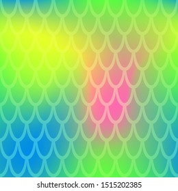 Iridescent fish scale seamless pattern. Neon green yellow mermaid background. Fish skin pattern over colorful mesh. Fantastic fish scale tileable print. Vibrant mermaid or summer abstraction