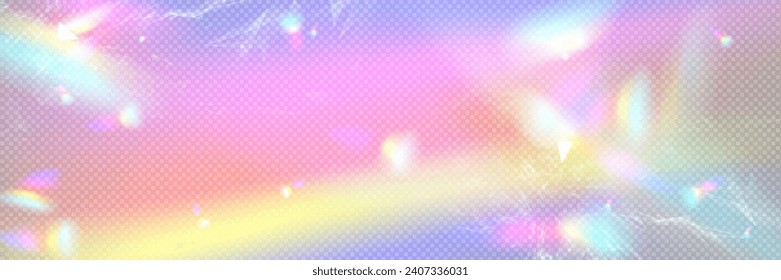 Fondo irlandés con efecto superpuesto transparente. Ilustración vectorial realista de la luz holográfica de cristal o prisma arco iris por refracción y refracción. Resumen del reflejo del sol de cristal con chispas.