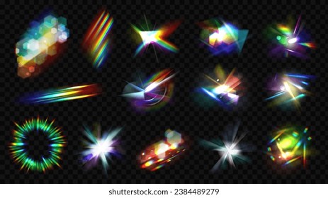 Iridescent flare, glowing sparkles, prism effect. Optical spectrum light, gemstone, diamond or rainbow reflection. Pithy vector bright rays set