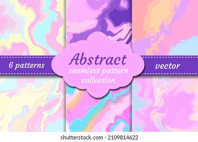 Iridescent fluid marbled holographic texture set in vibrant neon and pastel colors. Trippy and distorted image, psychedelic hippie style. Vector illustration.