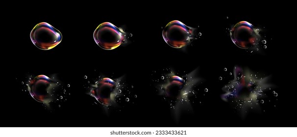 Iridescent foam bubble burst explosion sprite animation. Glass spectrum sheet with rainbow reflection. Abstract magic blowing balloon 3d game storyboard kit. Clear circle sphere destroy fx isolated