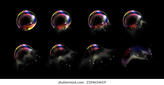 Iridescent foam bubble burst explosion sprite animation. Glass spectrum sheet with rainbow reflection. Abstract magic blowing balloon 3d game storyboard kit. Clear circle sphere destroy fx isolated