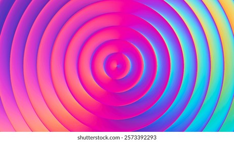 Iridescent futuristic hypnotic colorful neon concentric circles with smooth gradient transitions. Bold dynamic design blending radiant neon tones for modern visual art project. Vector illustration