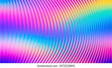 Iridescent futuristic neon ribbed fractal glass texture with vibrant gradient waves and bright smooth fluted curved lines. Bold dynamic design blending radiant neon tones for modern visual art project