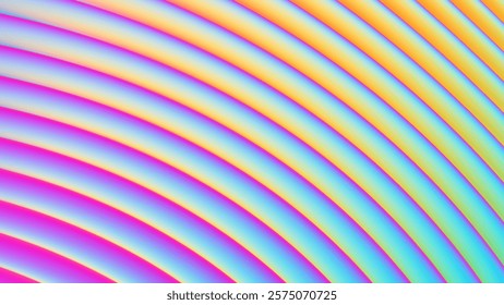 Iridescent futuristic neon ribbed fractal glass texture with vibrant gradient waves and bright smooth fluted curved lines. Bold dynamic design blending radiant neon tones for modern visual art project