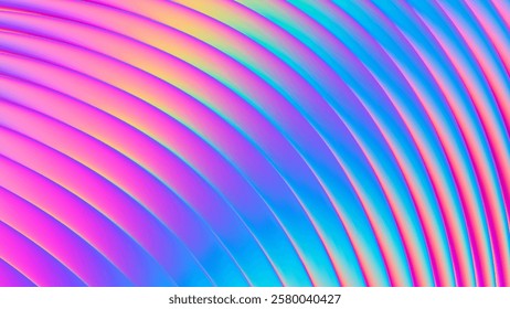 Iridescent futuristic neon ribbed fractal glass texture with vibrant gradient waves and bright smooth fluted curved lines. Bold dynamic design blending radiant neon tones for modern visual art project