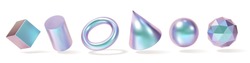 Iridescent Geometric Shapes Set. Modern 3d Hologram Multicolor Metal Object, Futuristic Neon Gradient Design. Vector Concept