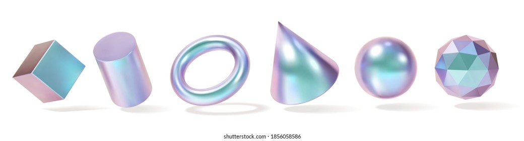Iridescent Geometric Shapes set  Modern 3d hologram multicolor metal object  futuristic neon gradient design  Vector concept