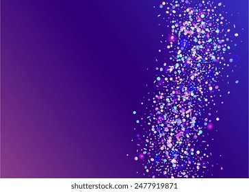 Iridescent Glitter. Digital Poster. Festive Confetti. Falling Dust. Purple Laser Serpentine. Transparent Background. Happy Abstract Template. 3d Concept. Blue Iridescent Glitter