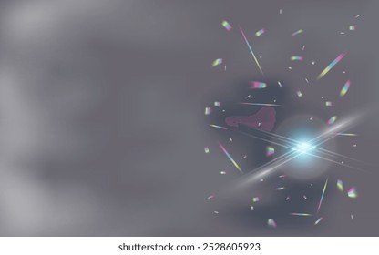 Iridescent glow and light highlights on a gray blurred background. The glare of the prism light or the glare of the lens, the scattering of sunlight. Modern background for a poster, flyer, brochure.

