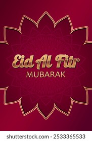 Texto dorado iridiscente Eid Al Fitr Mubarak sobre fondo rojo con marco floral. Diseño festivo de lujo para tarjeta de felicitación, Anuncio o cartel para marcar el final del Ramadán.