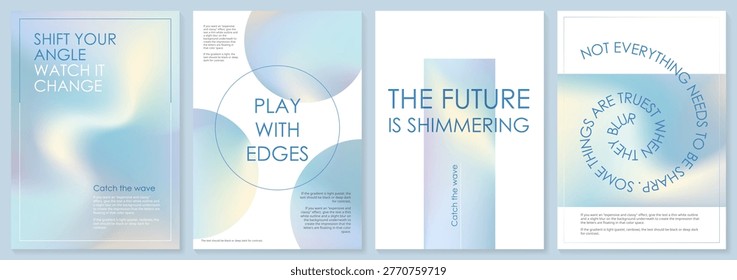 Iridescent gradient background of hologram blue poster. Pastel gradation texture, holo paper. Abstract blurry pattern design, mirror glitter effect with wavy modern laser shape. Neon minimal degrade