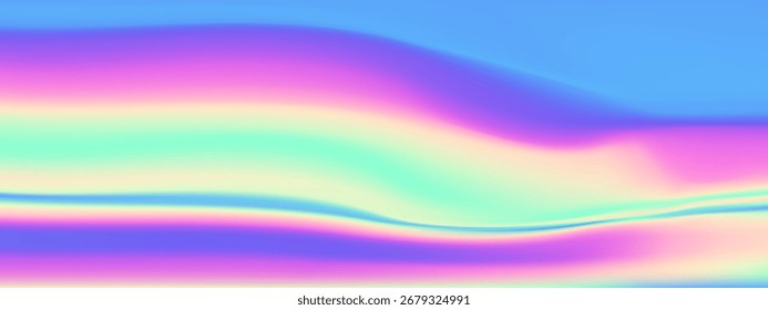 Bolso de gradiente iridiscente con efecto arco iris holograma y patrón de color rosa azul. Texturas cromadas de perlas de ensueño u ondas de papel opalescentes para diseños femeninos. La aurora 3D brilla o los cielos espaciales multicolores.