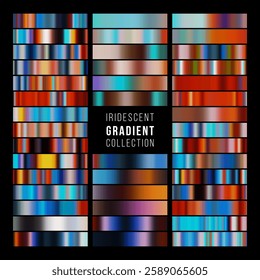 Iridescent gradient collection with vibrant abstract metallic color swatches. Modern colorful holographic backgrounds with smooth blended hues, perfect for design projects, digital art, and templates.