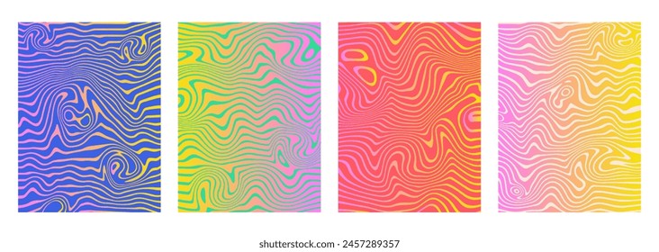 Irisierender Gradient verflüssigt Hintergründe. Moderne abstrakte Marmorplakate. Hypnotische Wellenlinien. Psychedelische Acryltextur. Hippie-groovige Wirbel, Spiralen. Banner, Plakat-Vorlage.