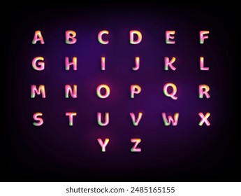 Iridescent holo 3d font. English alphabet on a dark background. 3D vector  letters set