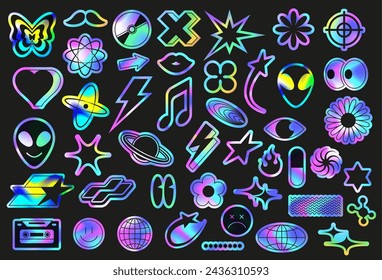 Iridescent holo stickers pack. Fluorescent retro 90s style symbols, Y2K icons and holographic gradient decals vector set. Futuristic shiny flower, eyes, globe, alien and lips isolated