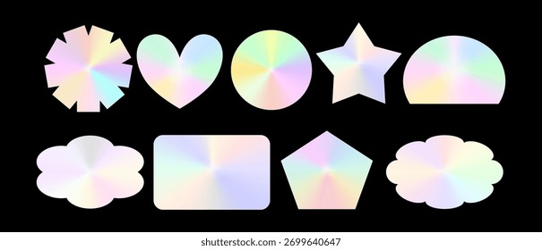 Elementos adhesivos de holograma iridiscente con brillo arco iris metálico. Las superficies reflectantes de las etiquetas iridiscentes convierten cada pegatina en una etiqueta de diseño vívida.