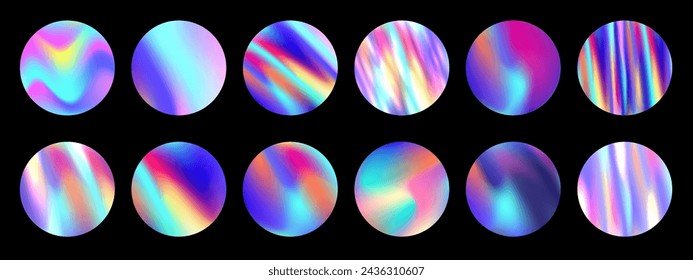 Iridescent holographic circles. Round iridescent fluid color gradients, holo gradient mesh backgrounds vector set. Geometric foil colorful shape. Shiny neon isolated badges collection