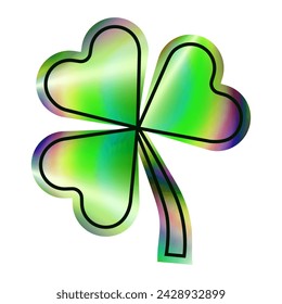 Iridescent holographic foil neon green three leaf clover for St. Patrick's day modern design. Trendy y2k vector illustration isolated on transparent background