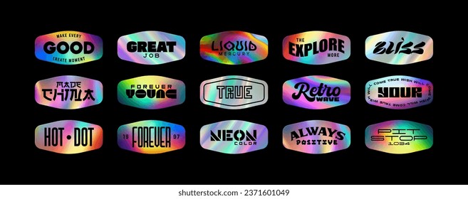 Iridescent holographic foil stickers. Colorful holo emblems, rectangle original and quality guaranteed labels. Textured foiled shape. Vector illustration