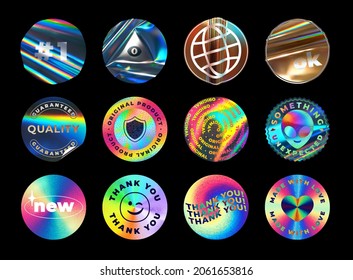 Iridescent holographic foil stickers  Holo emblems  round original   quality guaranteed labels  Textured foiled circles vector illustration set