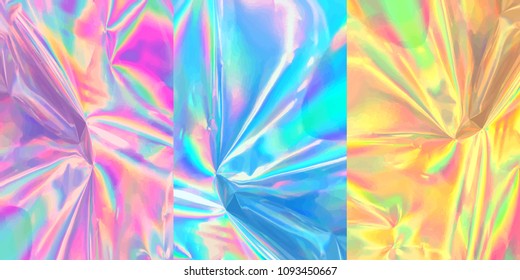 Iridescent holographic vector design of wrinkled foil. Glittering surface pack
