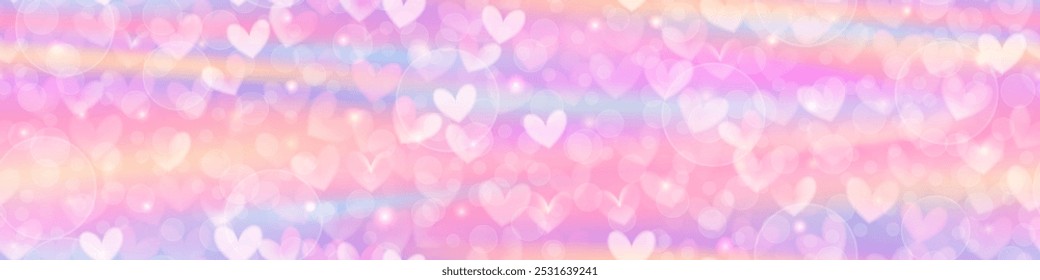 Iridescent kawaii candy sweet unicorn seamless pattern with hearts and fireflies. Nacre soft rainbow sky. Vector Bg with gradient mesh and overlay effect