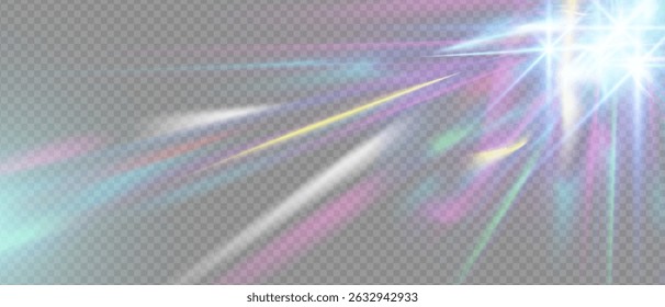 Bengala de luz iridiscente con refracción de prisma y resplandor del arco iris. Abstractas viga de cristal, chispa y resplandor de fantasía. Superposición de Vector 3D con holograma, gradiente y efecto de caleidoscopio mágico.