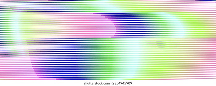 Iridescent linear abstract banner of neon colors stripes and glowing shapes. Psychedelic background for wall art, wallpaper, wall panel, textile, poster, interior decor. 