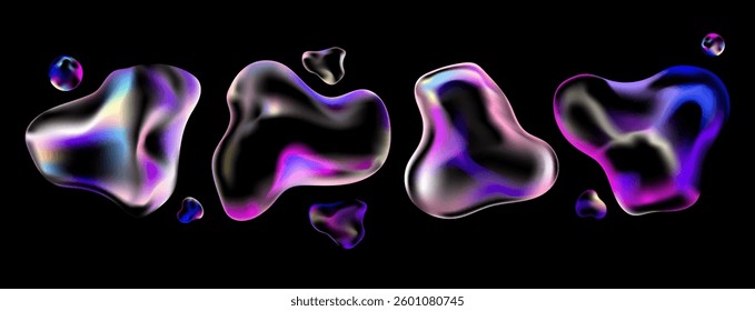 Iridescent liquid shapes with glossy reflection set. Abstract transparent bubbles of different shapes. Bright neon shades and liquid shapes,perfect for futuristic digital design.Vector illustration
