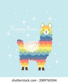 Iridescent llama illustration with fun quote ''Happy llama'' to card, invitation, nursery, gifts, etc. Modern exotic design for paper, cover, fabric, interior decor. 