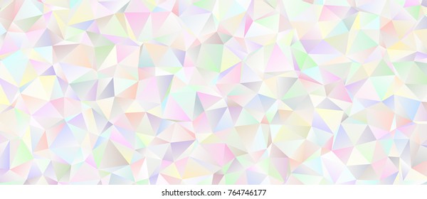 Iridescent Low Poly Background. White to Pastel Rainbow. Multicolored Icy Shiny Crystal Texture. Mother-of-pearl Opalescent Sparkling Facets. Vector Graphic for Web, Mobile Interfaces or Print Design.
