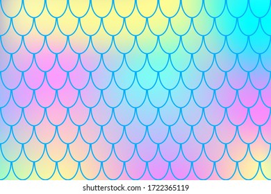 Iridescent Mermaid gradient. Fish skin ornament. Colorful abstract background with fishscale pattern. Summer party banner template. Optimistic backdrop for web design or wallpaper. Fish scale print