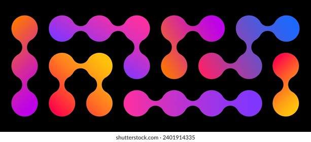 Iridescent meta balls set. Colorful connected morph dots. Liquid blob pattern collection. Integration abstract concept. Rounded design element bundle for logo, icon, tag, emblem, poster. Vector pack