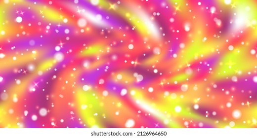 Iridescent neon colorful holographic seamless pattern with glitter and stars. Vibrant background in 80s and 90s style. Tie dye art gradient effect. Unicorn wallpaper. Fairy tale backdrop.