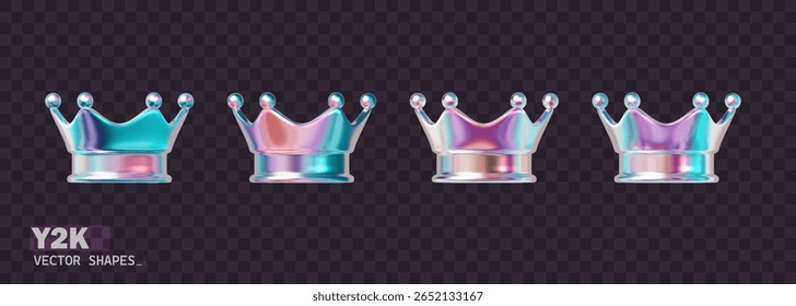 Iridescent neon crown set in 3D. Gradient chrome pink-purple king or queen crown with glossy metallic shine. Royal Y2K emoji. Vector design isolated.