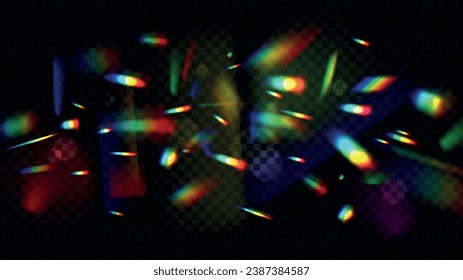 Iridescent overlay background. Bright rainbow flares reflection banner. Abstract diamond lights, sunny rays sparkles burst. Pithy vector glow graphic template