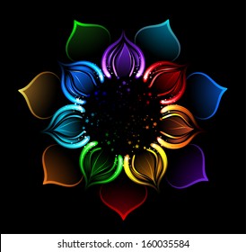 Iridescent petals of lotus, painted bright sparks on a black background.