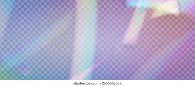 Fondo de prisma iridiscente. Efecto de fuga de luz de arco iris.  Amanece A Través De Una Lente De Vidrio Con Rayas De Bokeh Y Llamarada De Holograma. Fondo De Prisma De Cristal Iridiscente Con Luz.