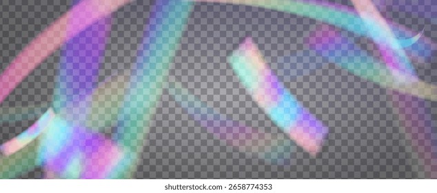 Fondo de prisma iridiscente. Efecto de fuga de luz de arco iris.  Rayo De Brillo Y Gradiente De Diamante Con Superposición De Resplandor En Película Transparente. Fondo De Prisma De Cristal Iridiscente Con Luz.