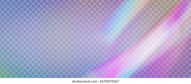 Fondo de prisma iridiscente. Efecto de fuga de luz de arco iris.  Amanece A Través De Una Lente De Vidrio Con Rayas De Bokeh Y Llamarada De Holograma. Fondo De Prisma De Cristal Iridiscente Con Luz.