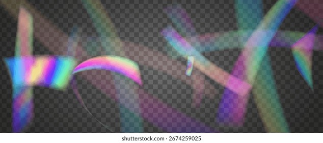 Fondo de prisma iridiscente. Efecto de fuga de luz de arco iris.  Amanece A Través De Una Lente De Vidrio Con Rayas De Bokeh Y Llamarada De Holograma. Fondo De Prisma De Cristal Iridiscente Con Luz.