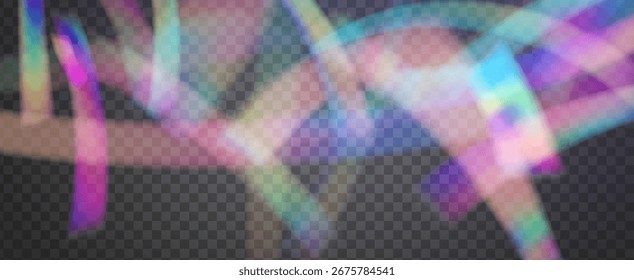 Fondo de prisma iridiscente. Efecto de fuga de luz de arco iris.  Amanece A Través De Una Lente De Vidrio Con Rayas De Bokeh Y Llamarada De Holograma. Fondo De Prisma De Cristal Iridiscente Con Luz.